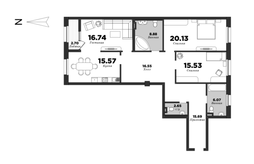 NEVA HAUS, Корпус 1, 3 спальни, 119.13 м² | планировка элитных квартир Санкт-Петербурга | М16